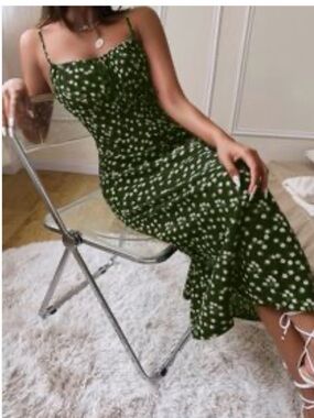 SHEIN Dark Green Floral Spaghetti-Strap Midi Dress